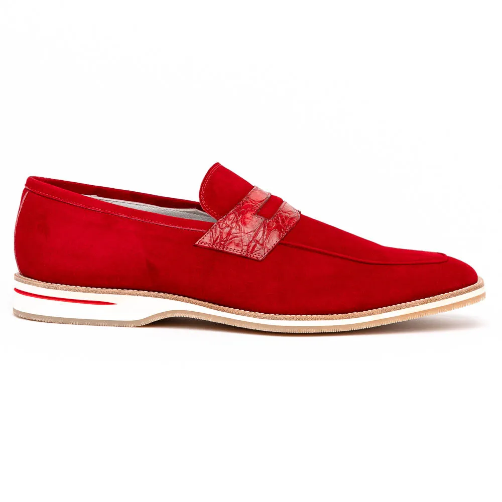 11-020-RED MEO 3 Sueded Goatskin Penny Loafer, Red