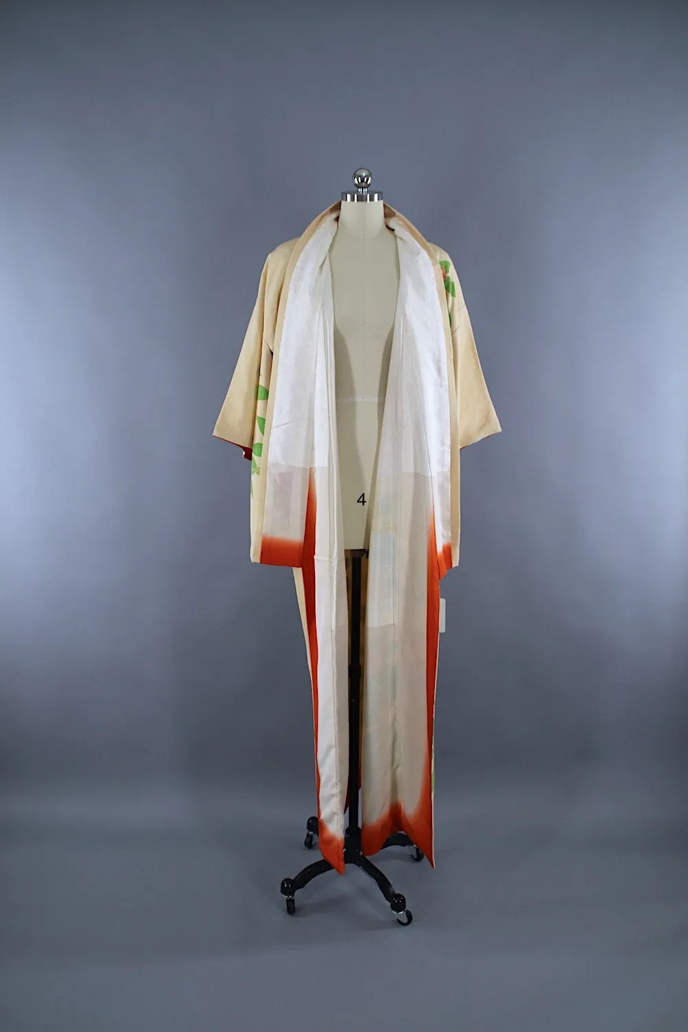 1960s Vintage Silk Kimono Robe / Ivory Pink Floral