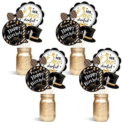 24Pack Mr Onederful Centerpiece Sticks Table Toppers Little Man First Birthday Party Decorations, Black and Gold Party Favor Table Decoration Mustache Party Decor