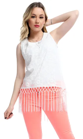 47715 Fringes Sleeveless Embroidered Floral Sleeveless Top - White