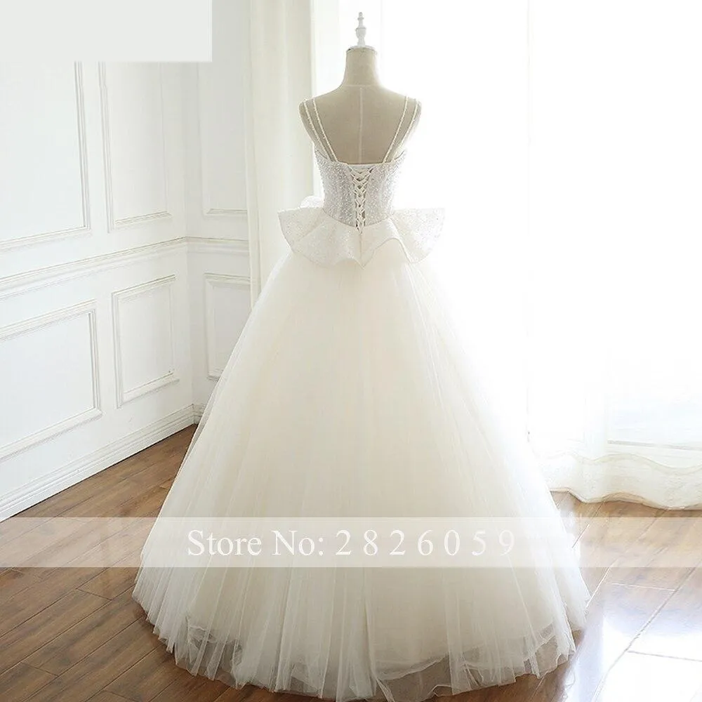 A-Line Sleeveless Ruffled Floor Length Wedding Dresses with Spaghetti Straps