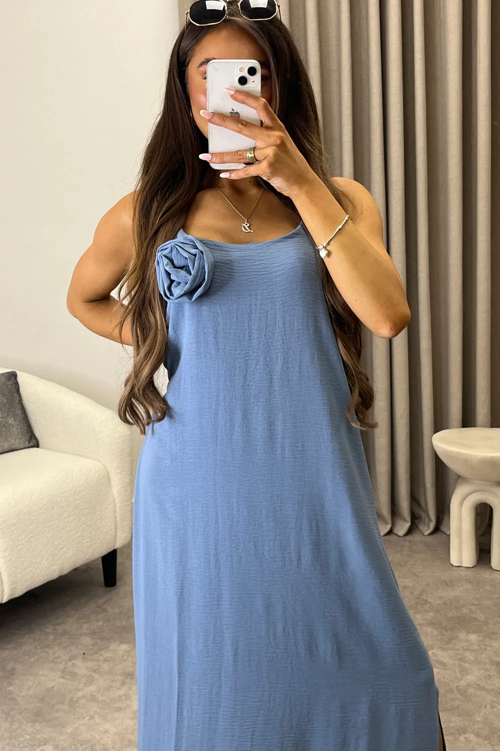 Amaya Powder Blue Flower Corsage Strappy Maxi Dress