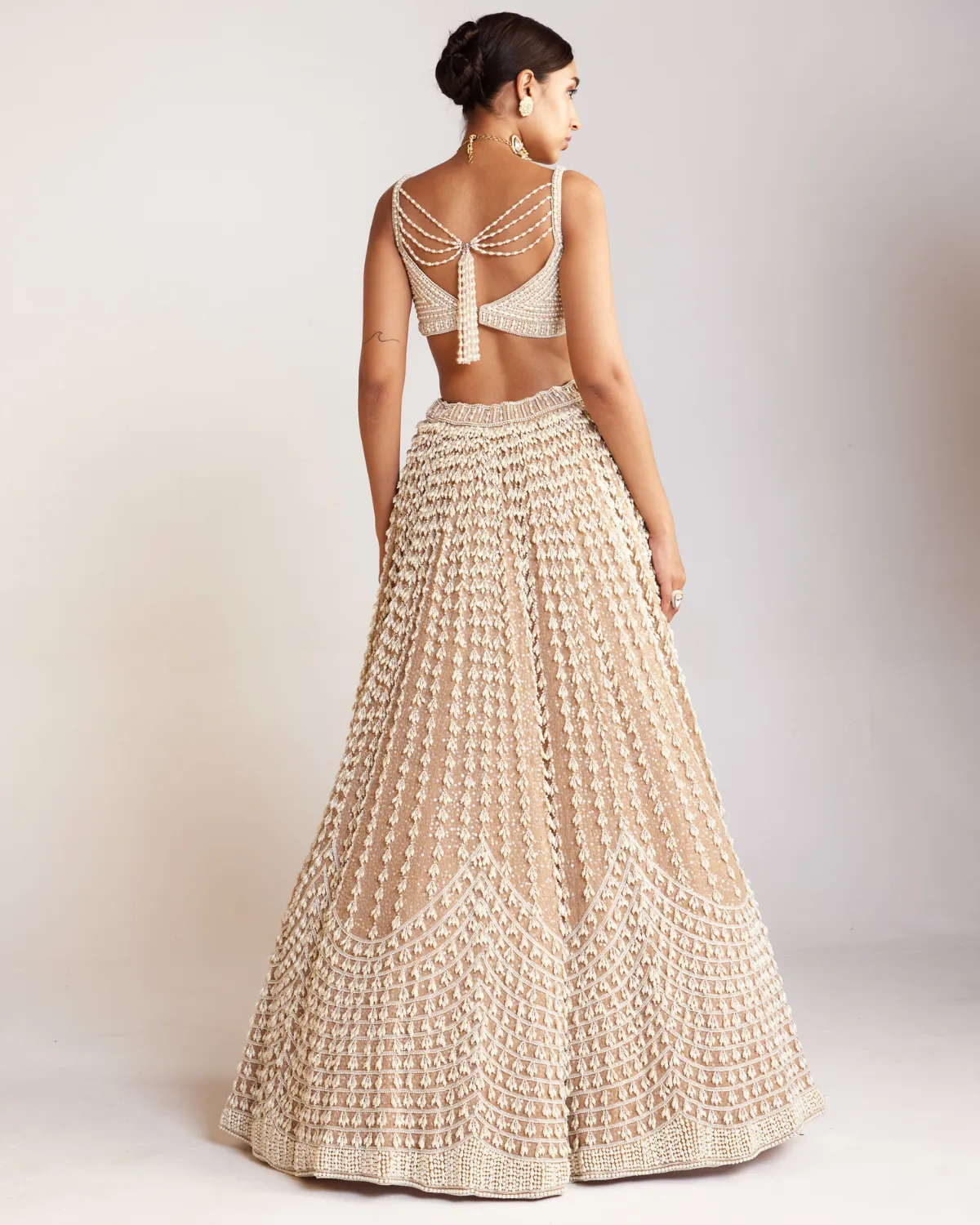 Beige Linear And Scallop Pearl Detail Lehenga Set