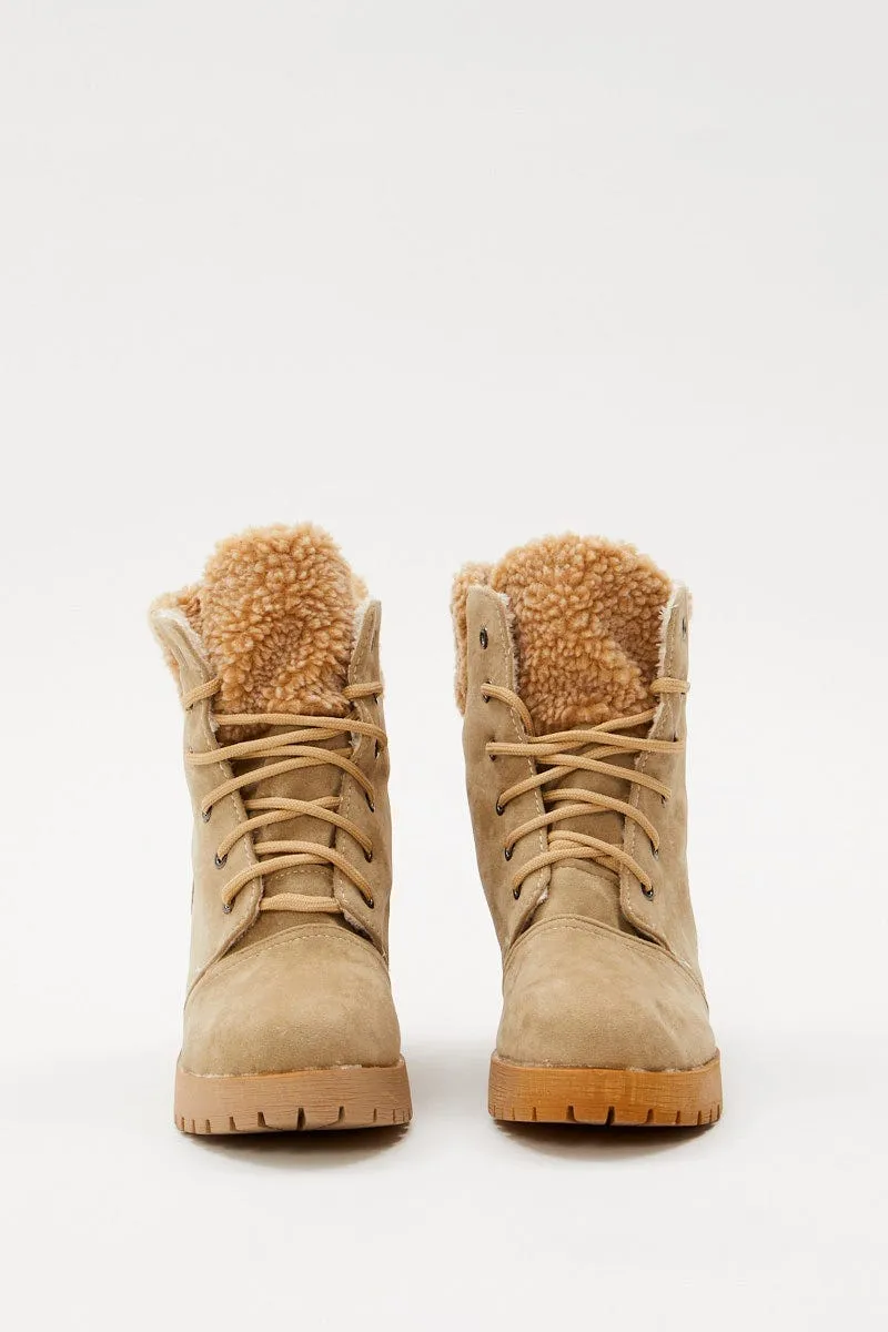 Beige Suedette Lace Up Flat Boots