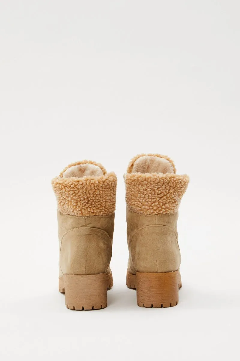 Beige Suedette Lace Up Flat Boots