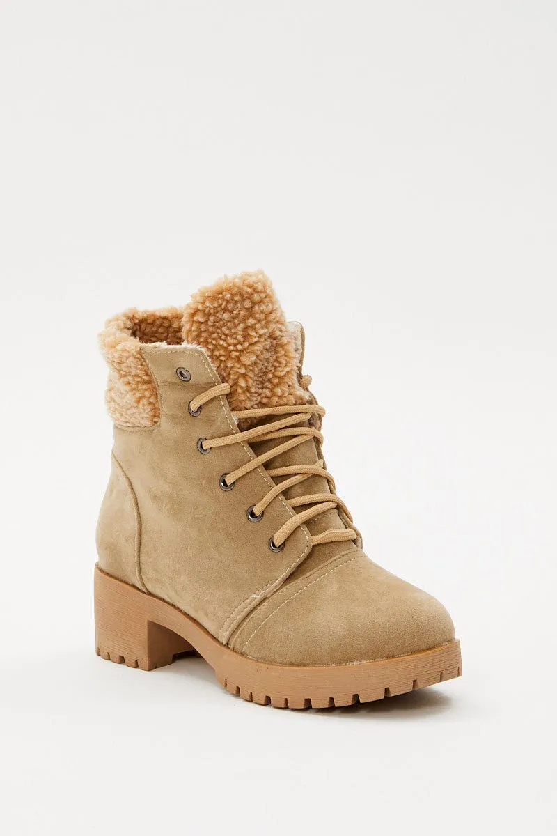 Beige Suedette Lace Up Flat Boots