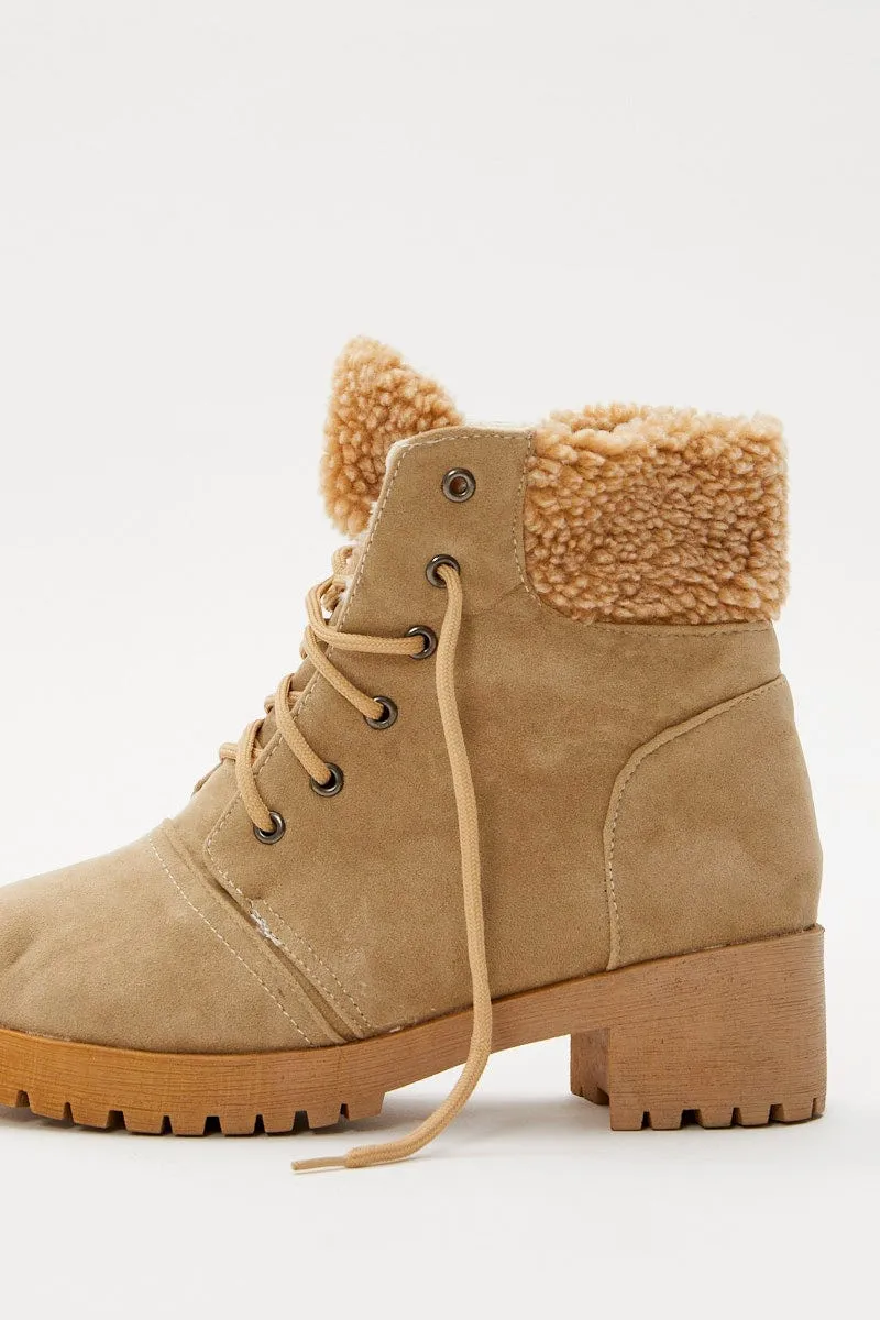 Beige Suedette Lace Up Flat Boots