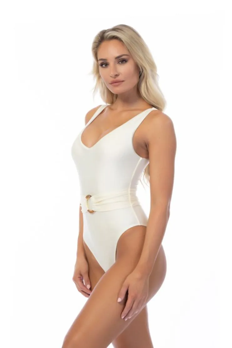 Belted One Piece Swim Suit - Pearl