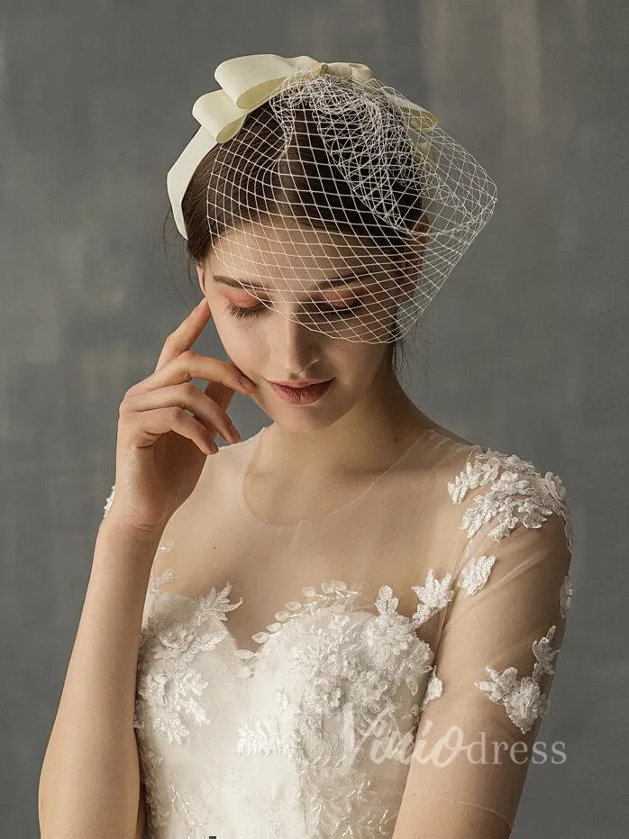 Birdcage Veils with Champagne Ribbon Bow Viniodress AC1003