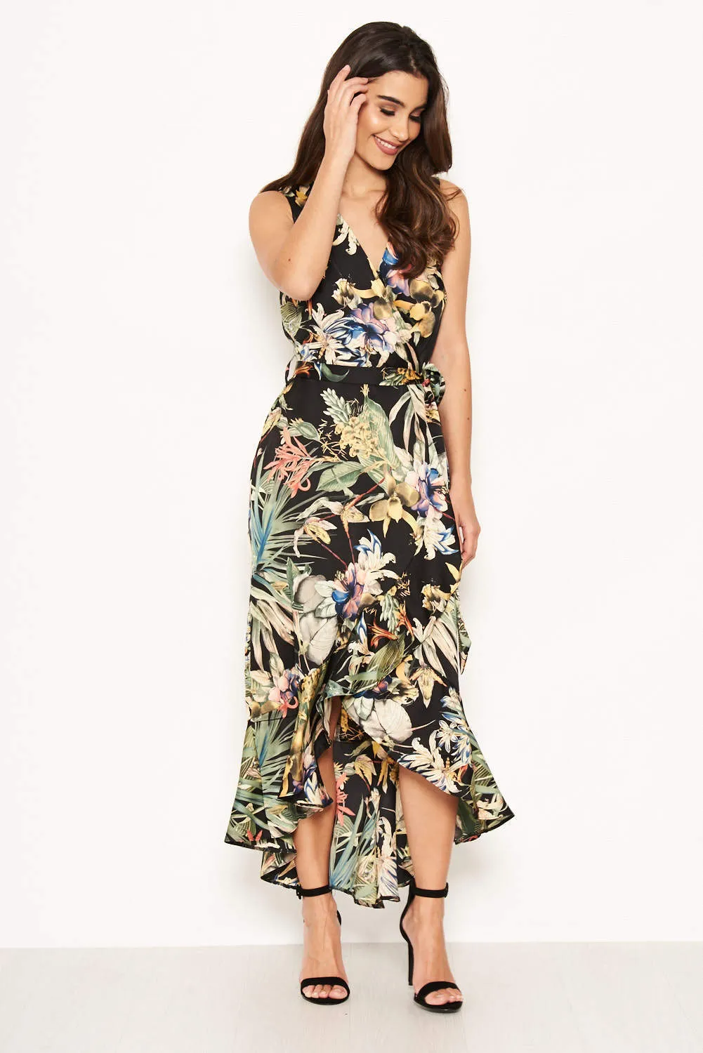 Black Floral Frill Maxi Dress