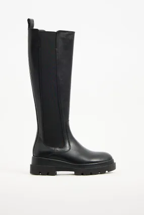 Black Leather Knee High Chelsea Boot