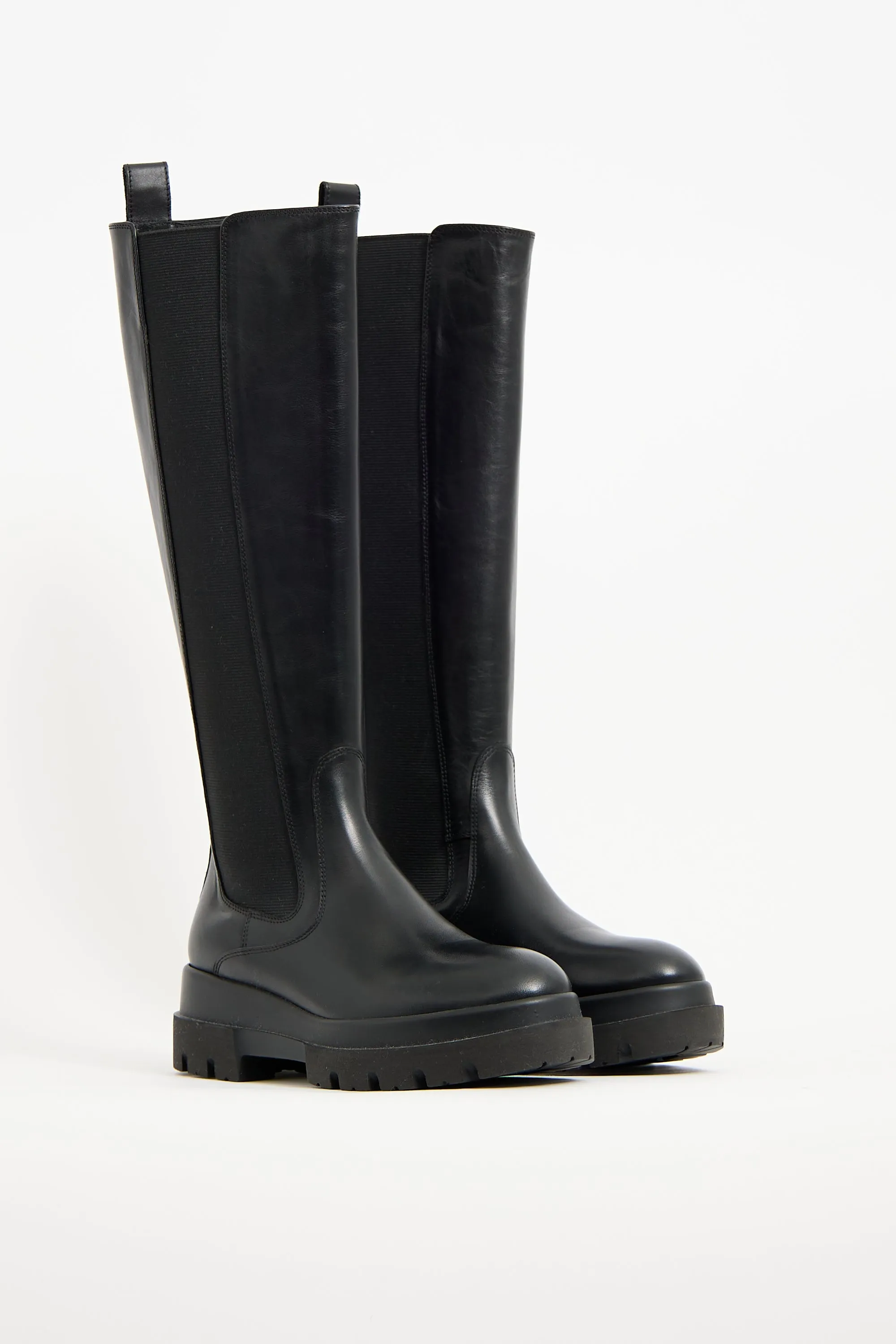 Black Leather Knee High Chelsea Boot