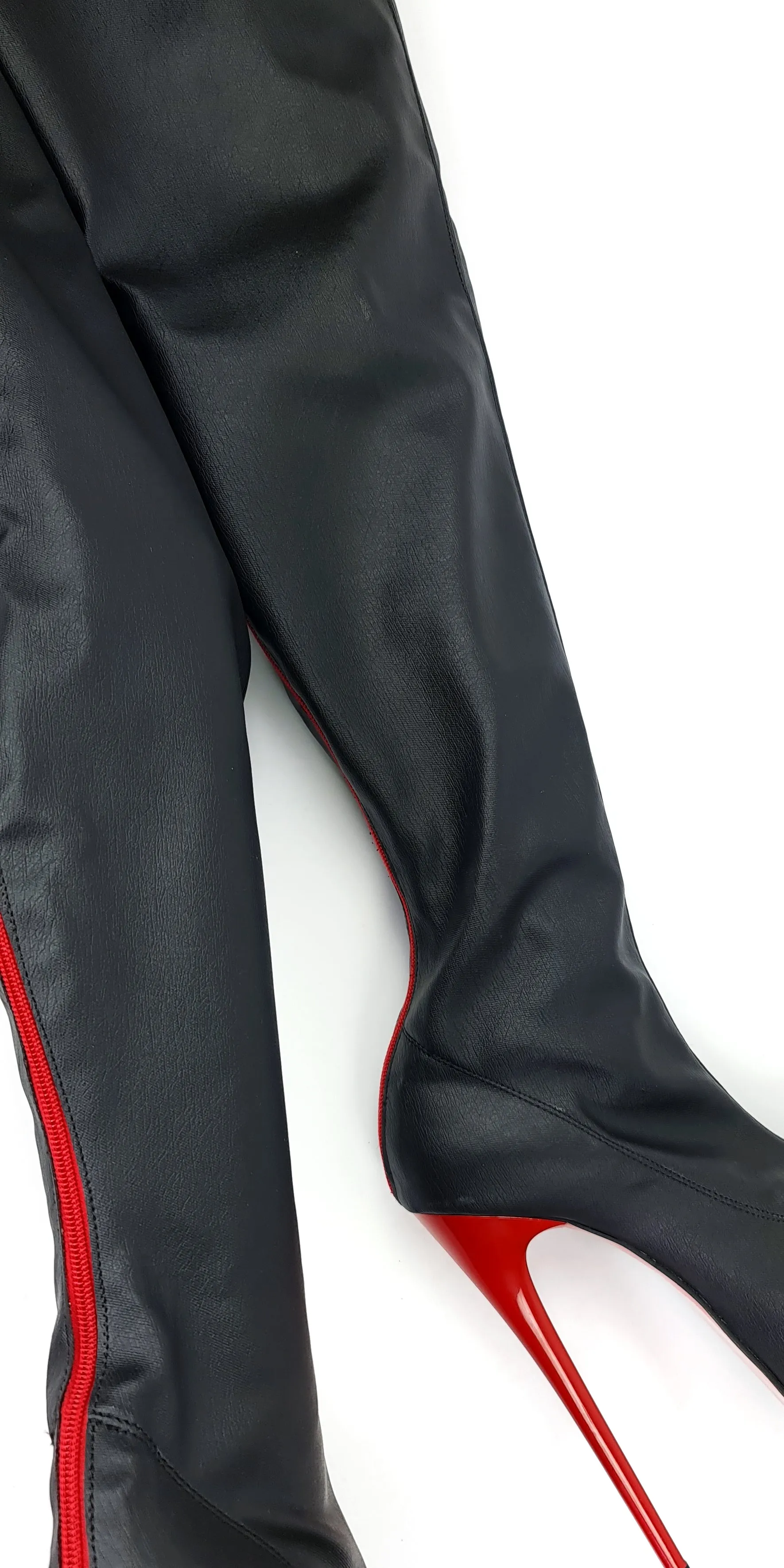 Black Red Full Zip High Heel Thigh Boots