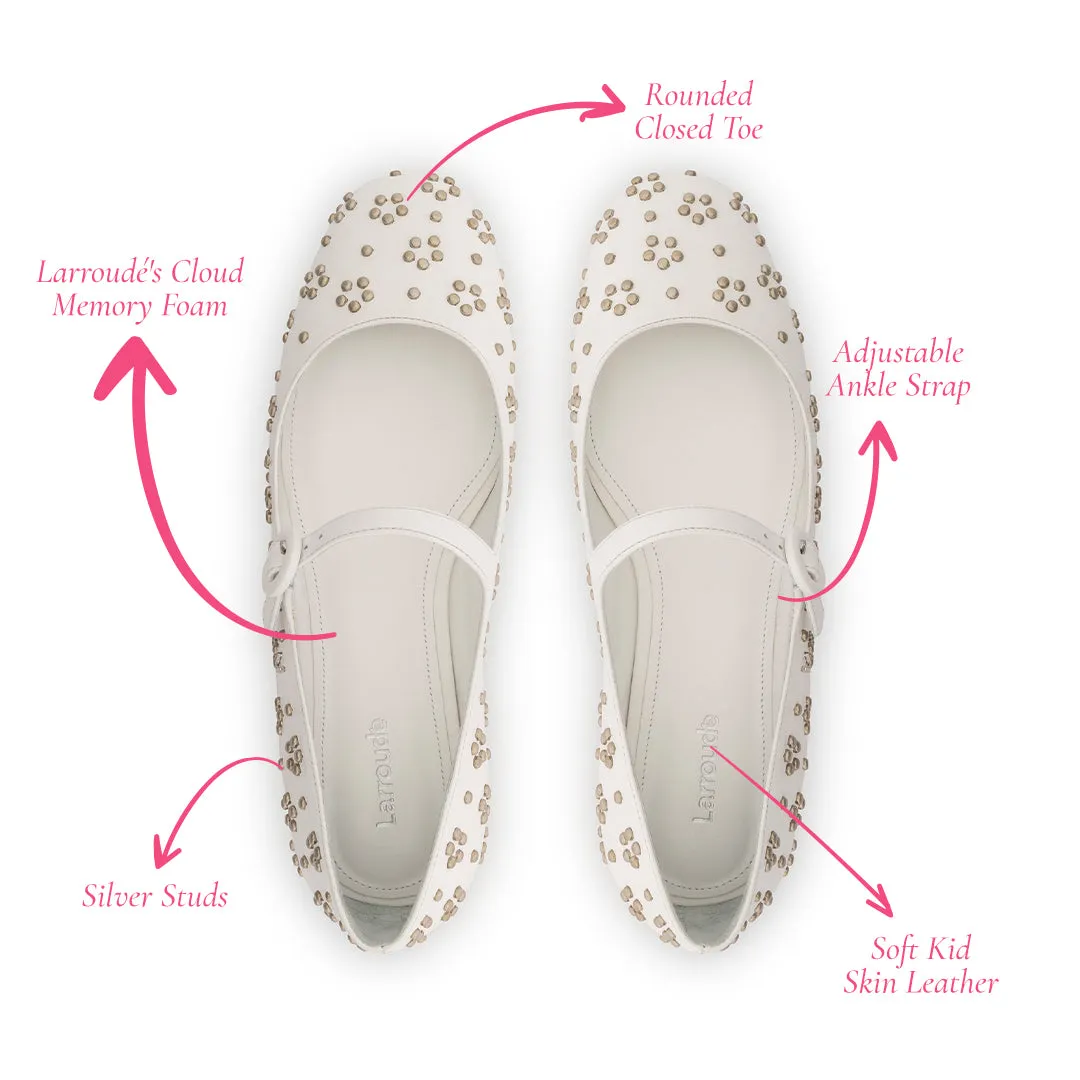 Blair Ballet Flat In White Leather and Metallic Studs