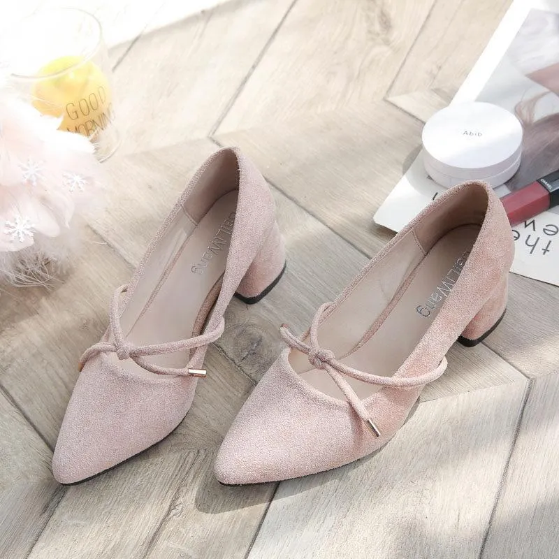 Bowtie Chunky Heel Suede Pumps