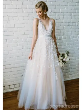 Champagne V Neck Cheap Wedding Dresses Online, Tulle A-line Bridal Dresses, WD436