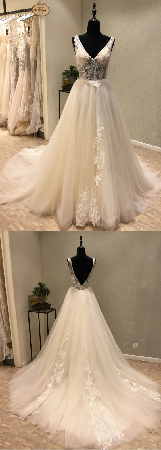 Charming V Neck Tulle Applique V Back Long Wedding Dress for Brides, WG1207