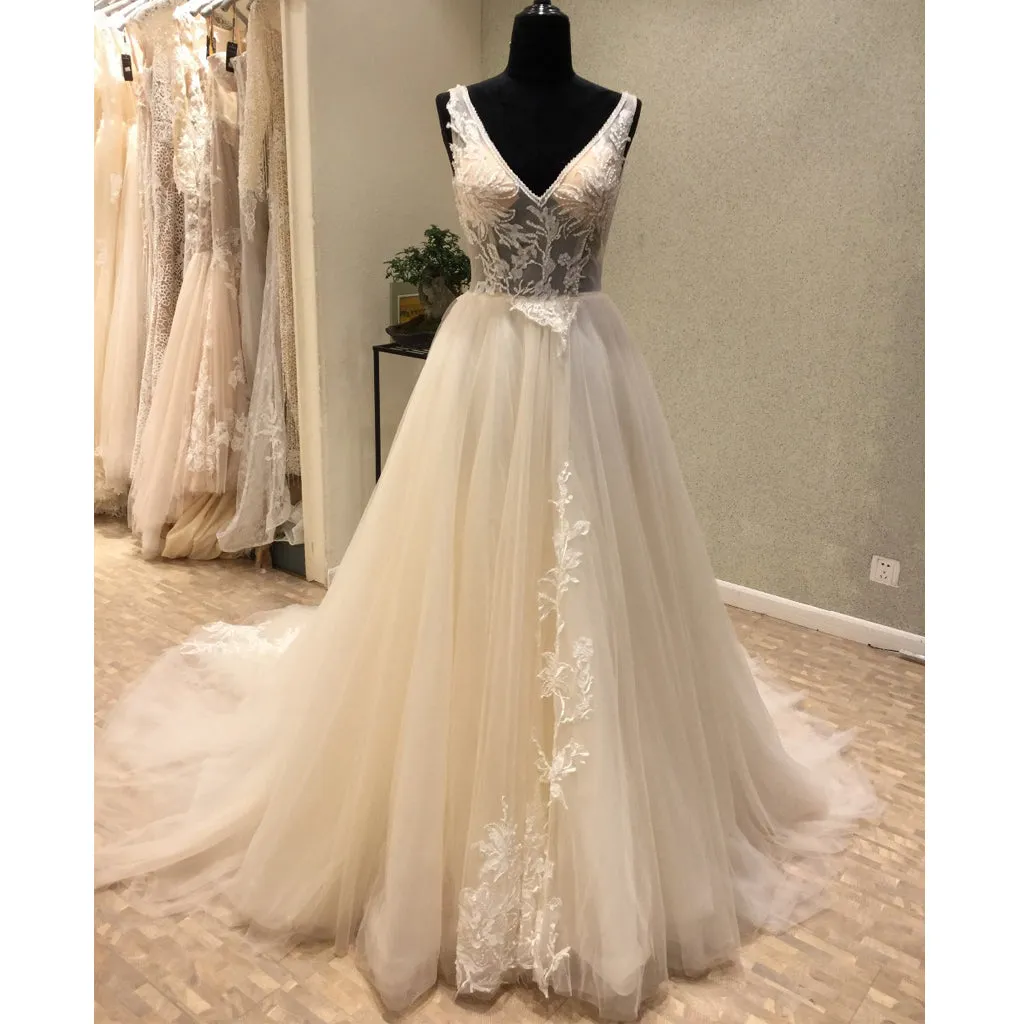 Charming V Neck Tulle Applique V Back Long Wedding Dress for Brides, WG1207