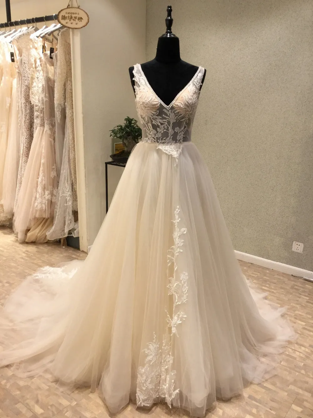 Charming V Neck Tulle Applique V Back Long Wedding Dress for Brides, WG1207