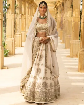 Coconut & Gold Embroidered Bridal Lehenga Set