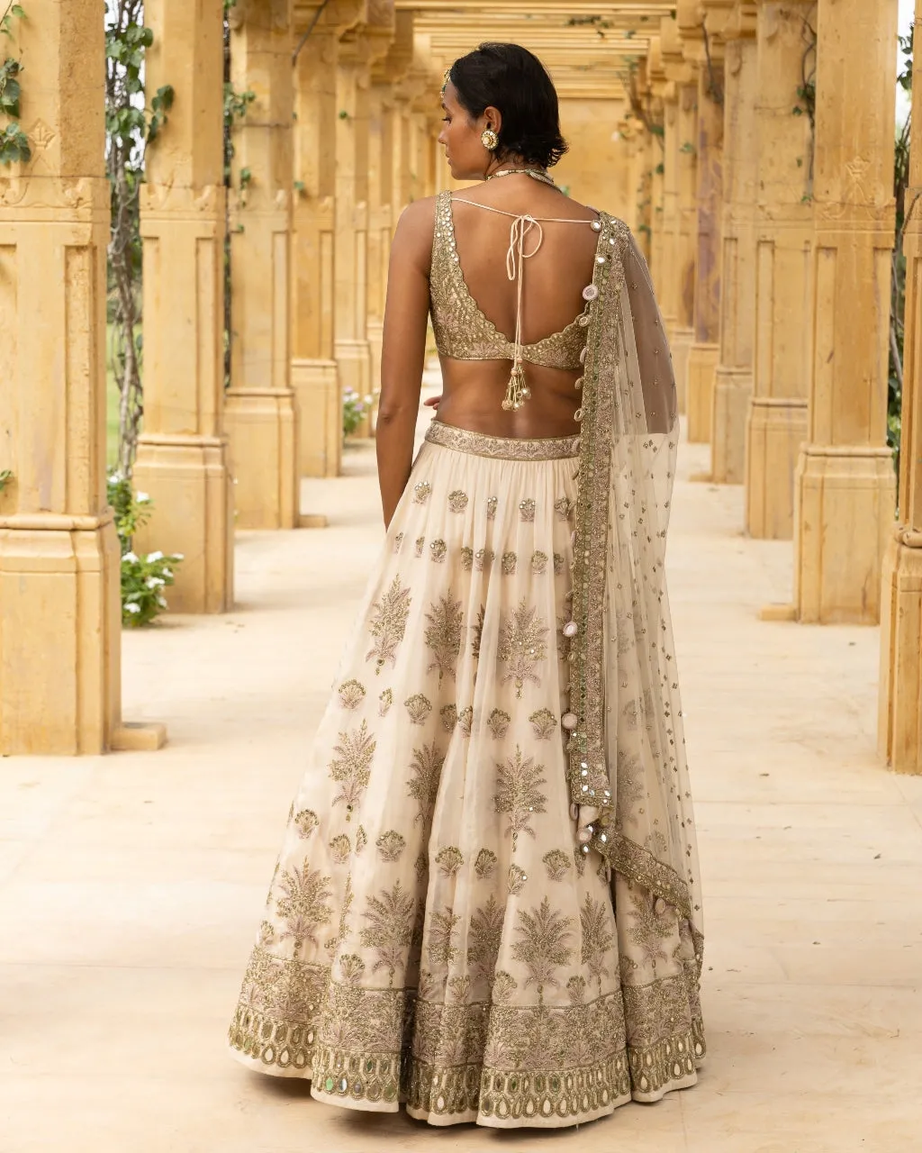 Coconut & Gold Embroidered Bridal Lehenga Set