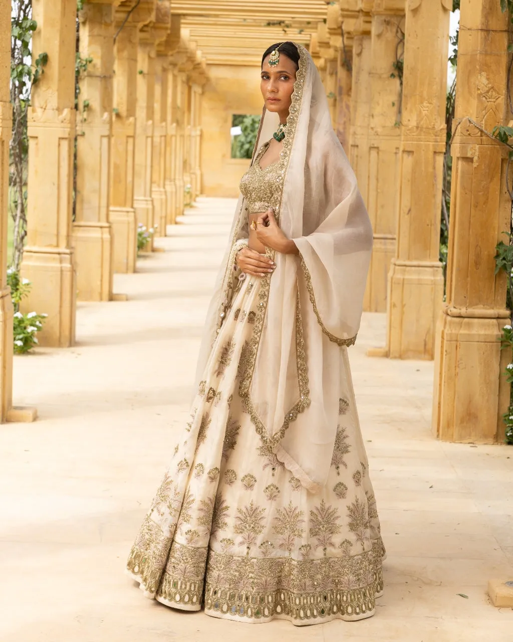 Coconut & Gold Embroidered Bridal Lehenga Set