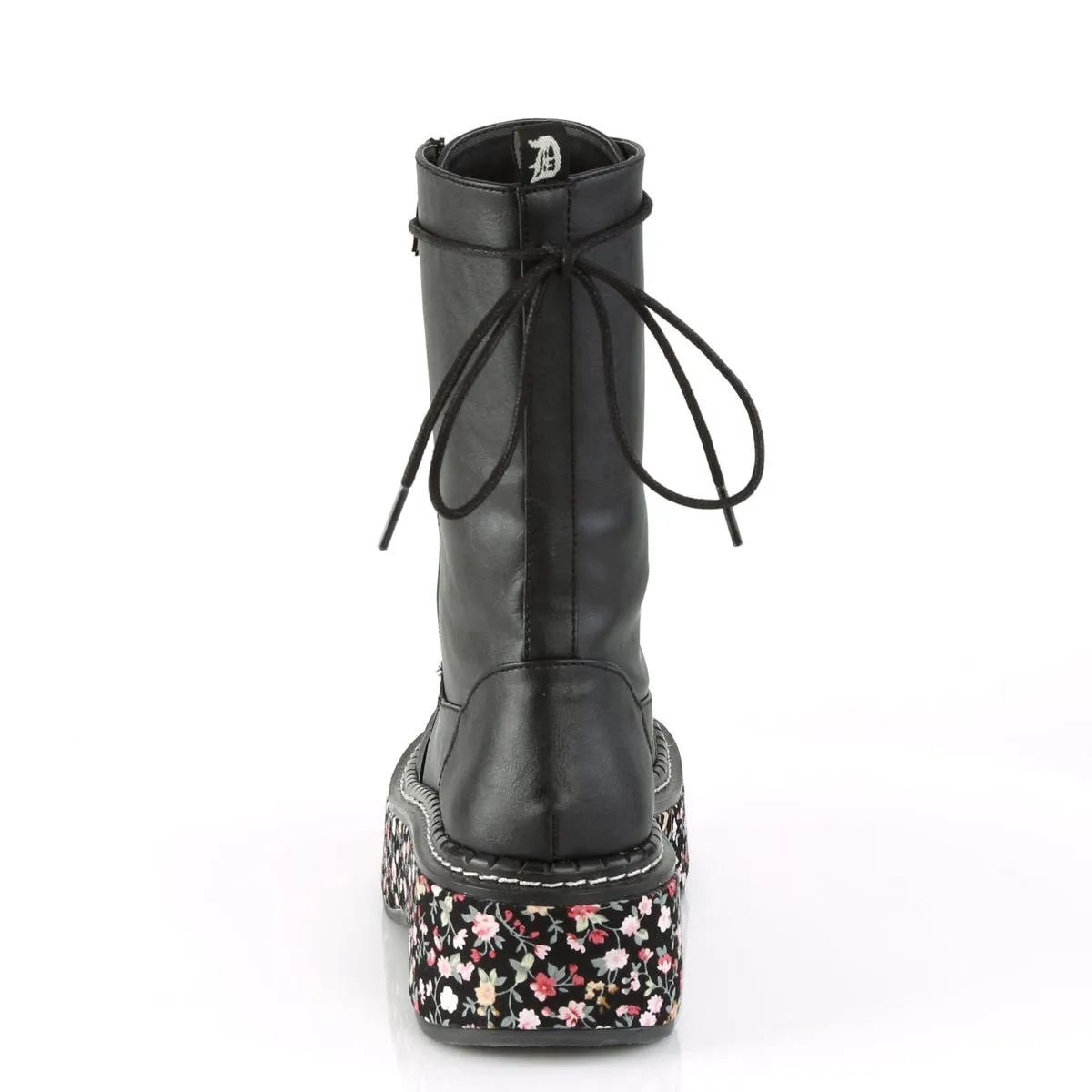 Demonia EMILY-350 | Black Vegan Leather & Fabric Mid-Calf Boots