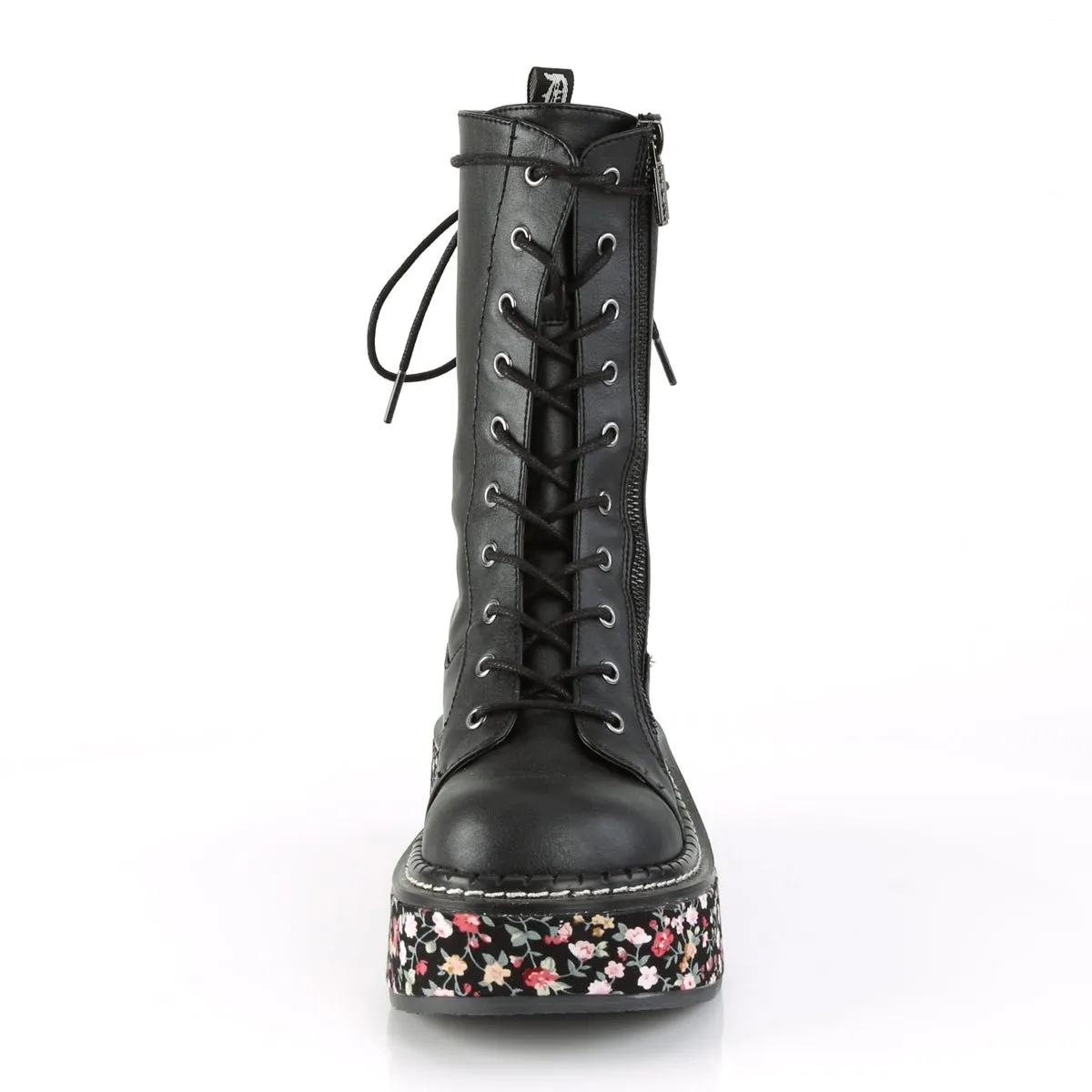 Demonia EMILY-350 | Black Vegan Leather & Fabric Mid-Calf Boots