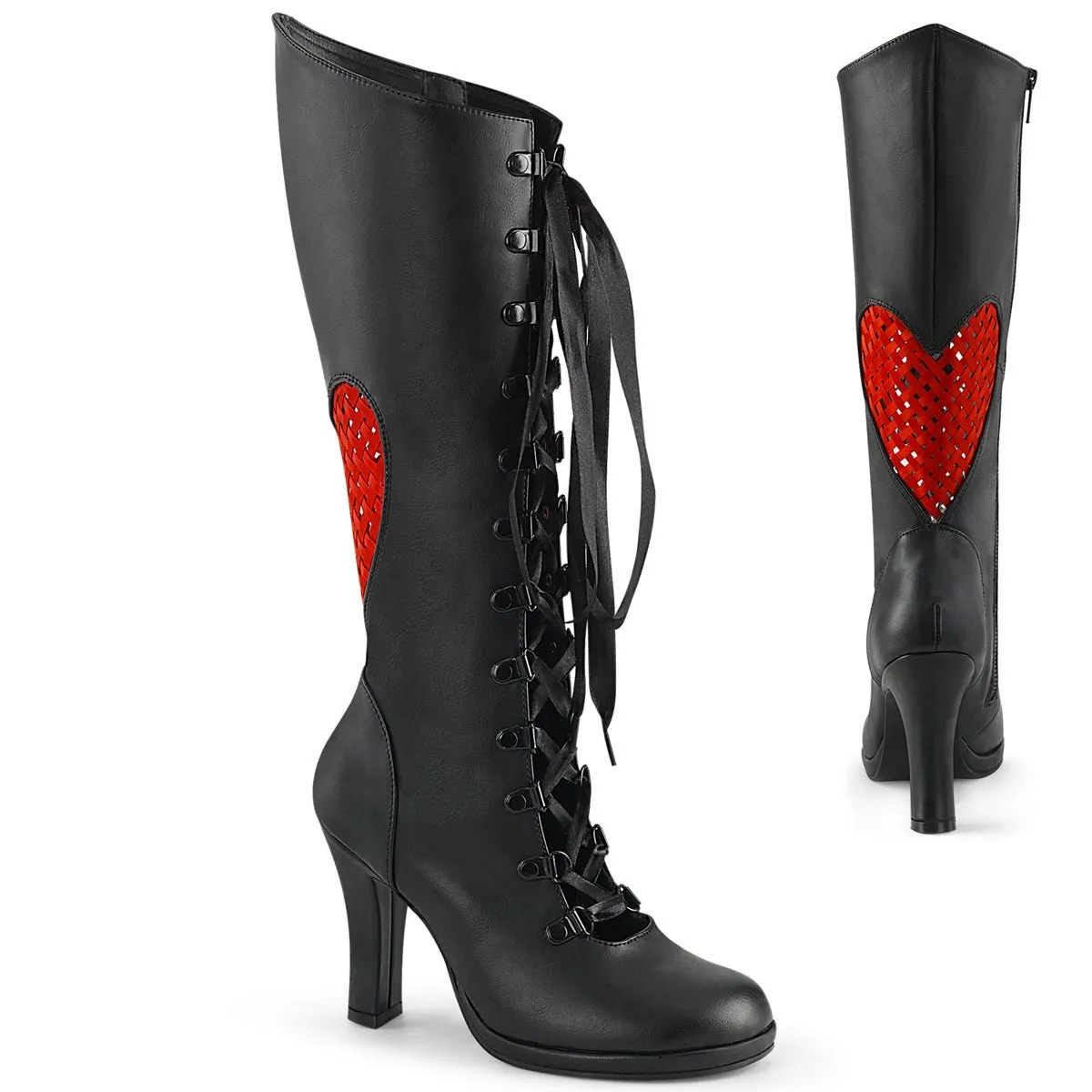 Demonia GLAM-243 | Blk & Red V. Leather & Satin Knee High Boots