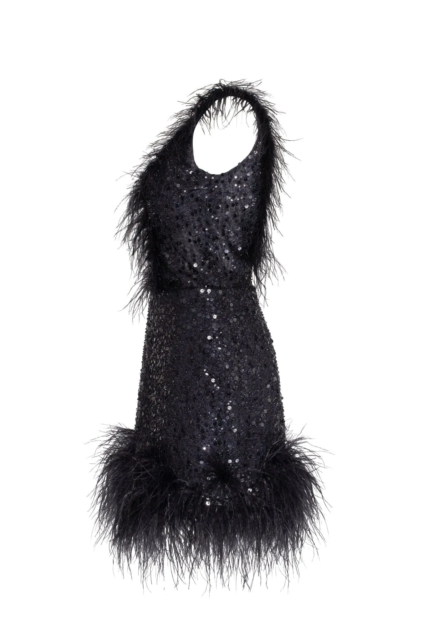 Dramatic cocktail dress on straps decorated with sequins and feathers