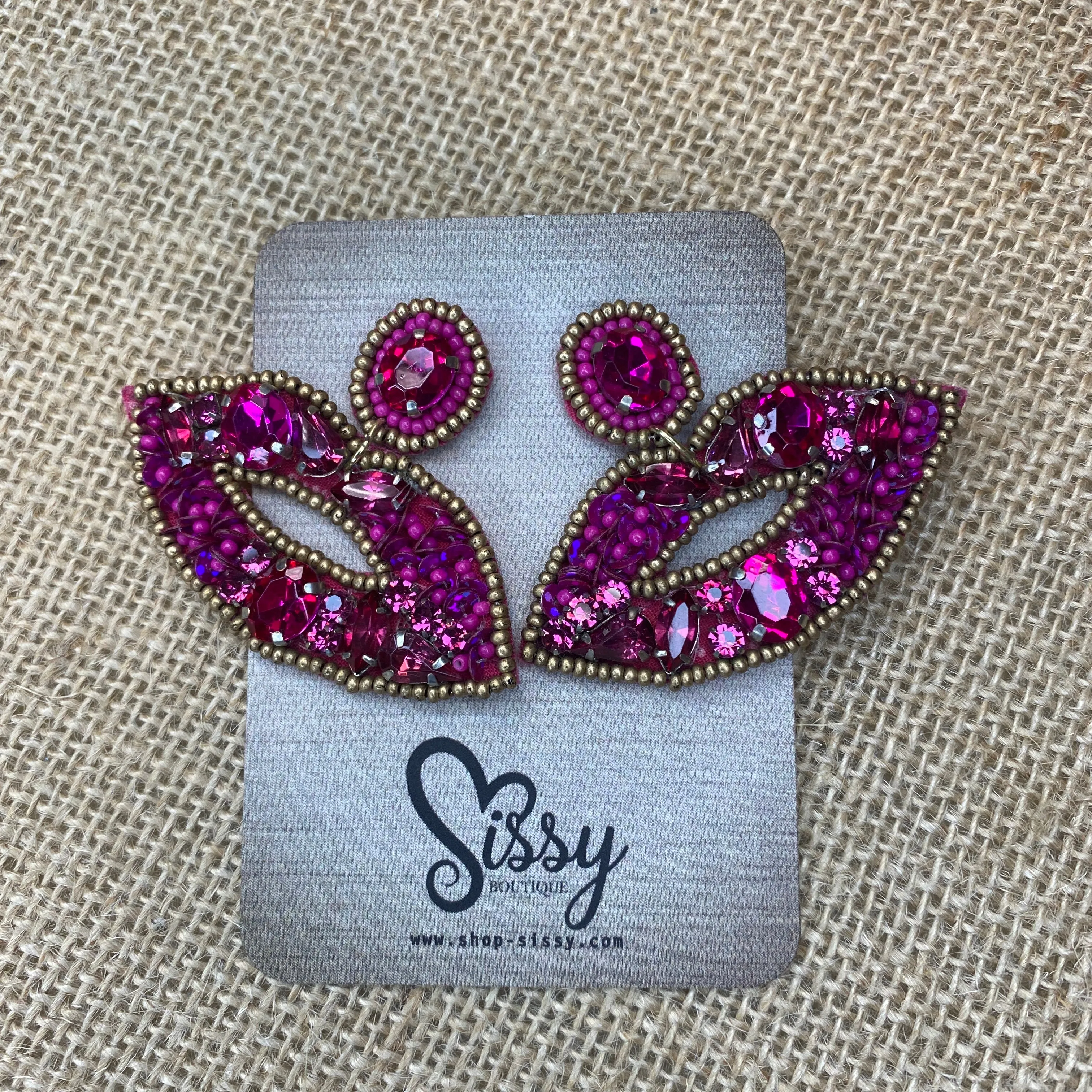 FUCHSIA STONE AND SEQUINED LIP EARRINGS