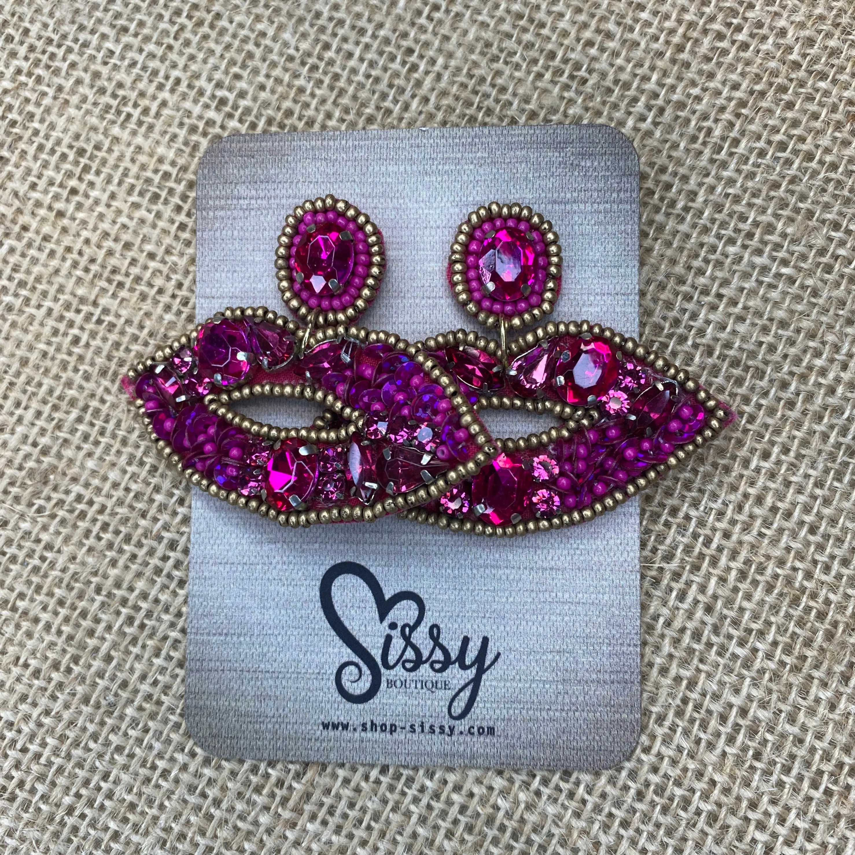 FUCHSIA STONE AND SEQUINED LIP EARRINGS