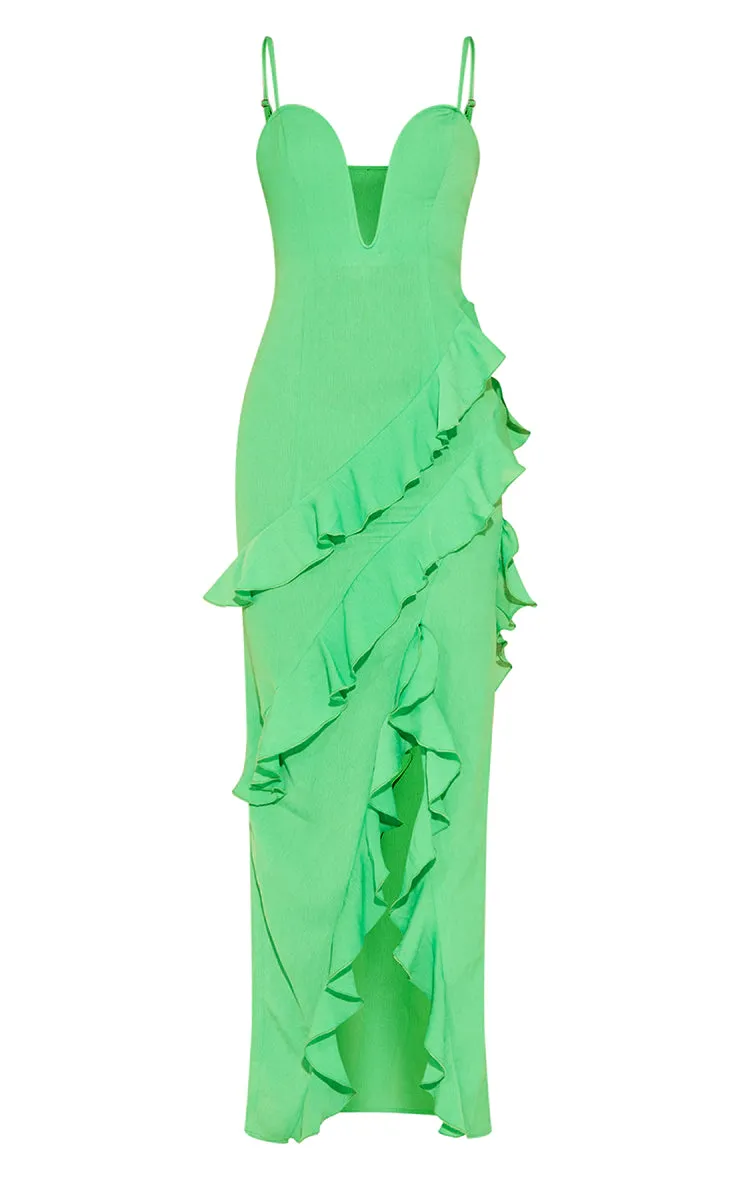 Green textured Wire detail strappy ruffle maxi dress