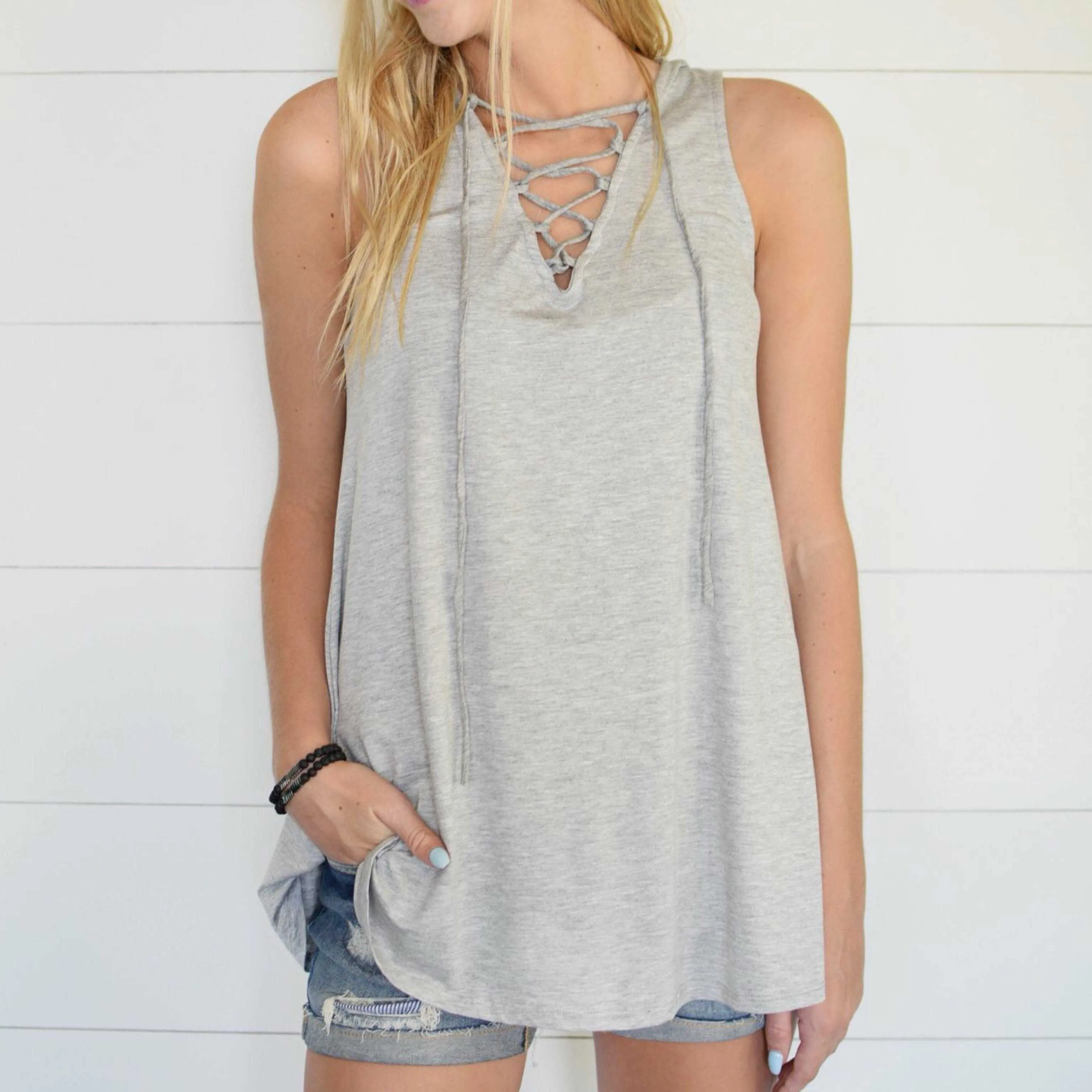 It's About Comfort Solid Lace Up Tank Top