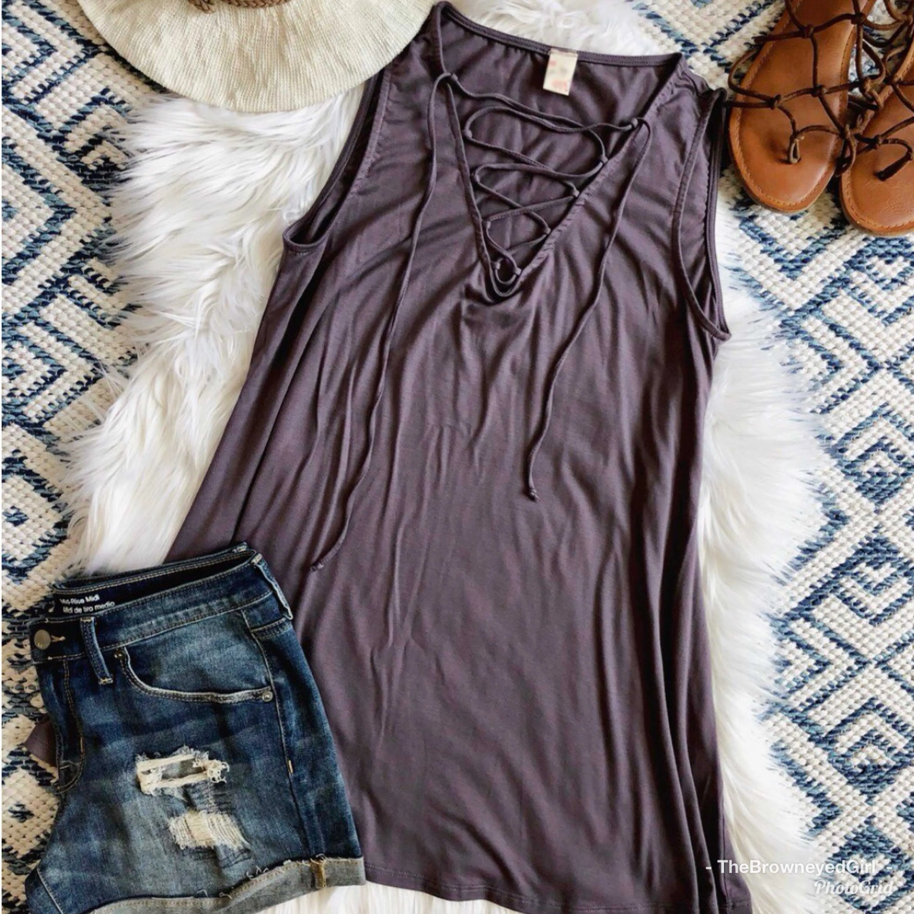 It's About Comfort Solid Lace Up Tank Top