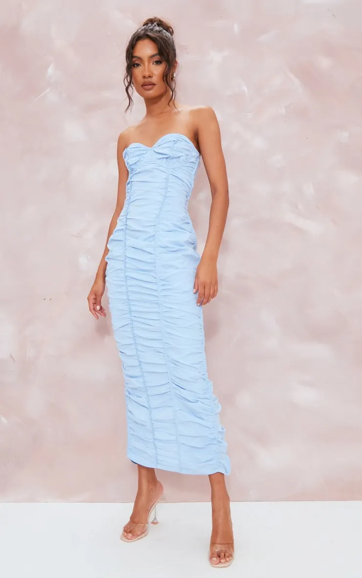 Light blue ruched underwired strappy back midaxi dress