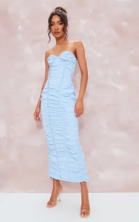 Light blue ruched underwired strappy back midaxi dress