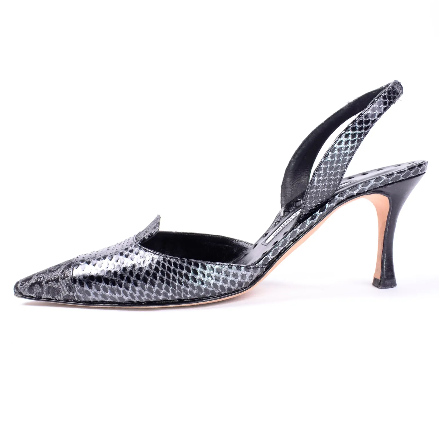 Manolo Blahnik Grey Ploiesti Snakeskin Slingback Heels