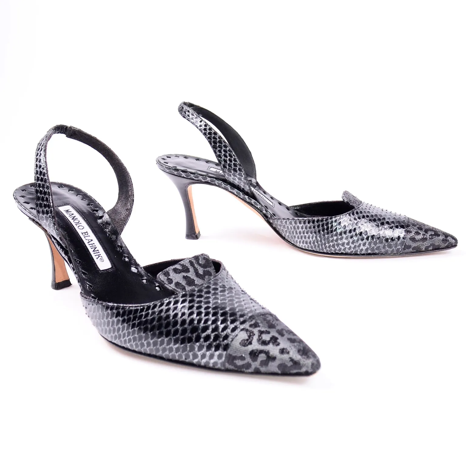 Manolo Blahnik Grey Ploiesti Snakeskin Slingback Heels