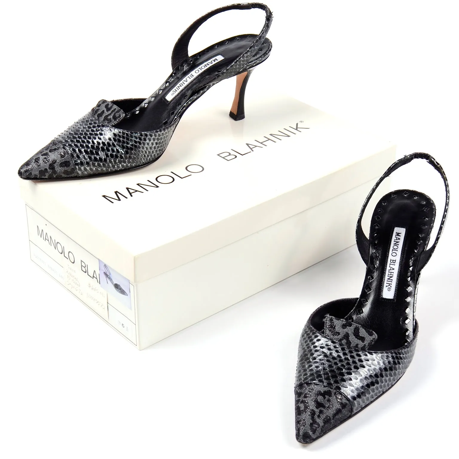 Manolo Blahnik Grey Ploiesti Snakeskin Slingback Heels