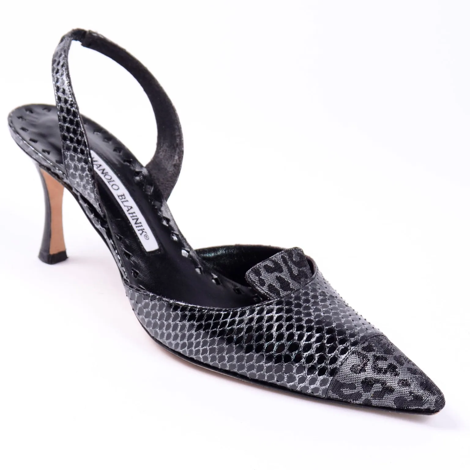 Manolo Blahnik Grey Ploiesti Snakeskin Slingback Heels