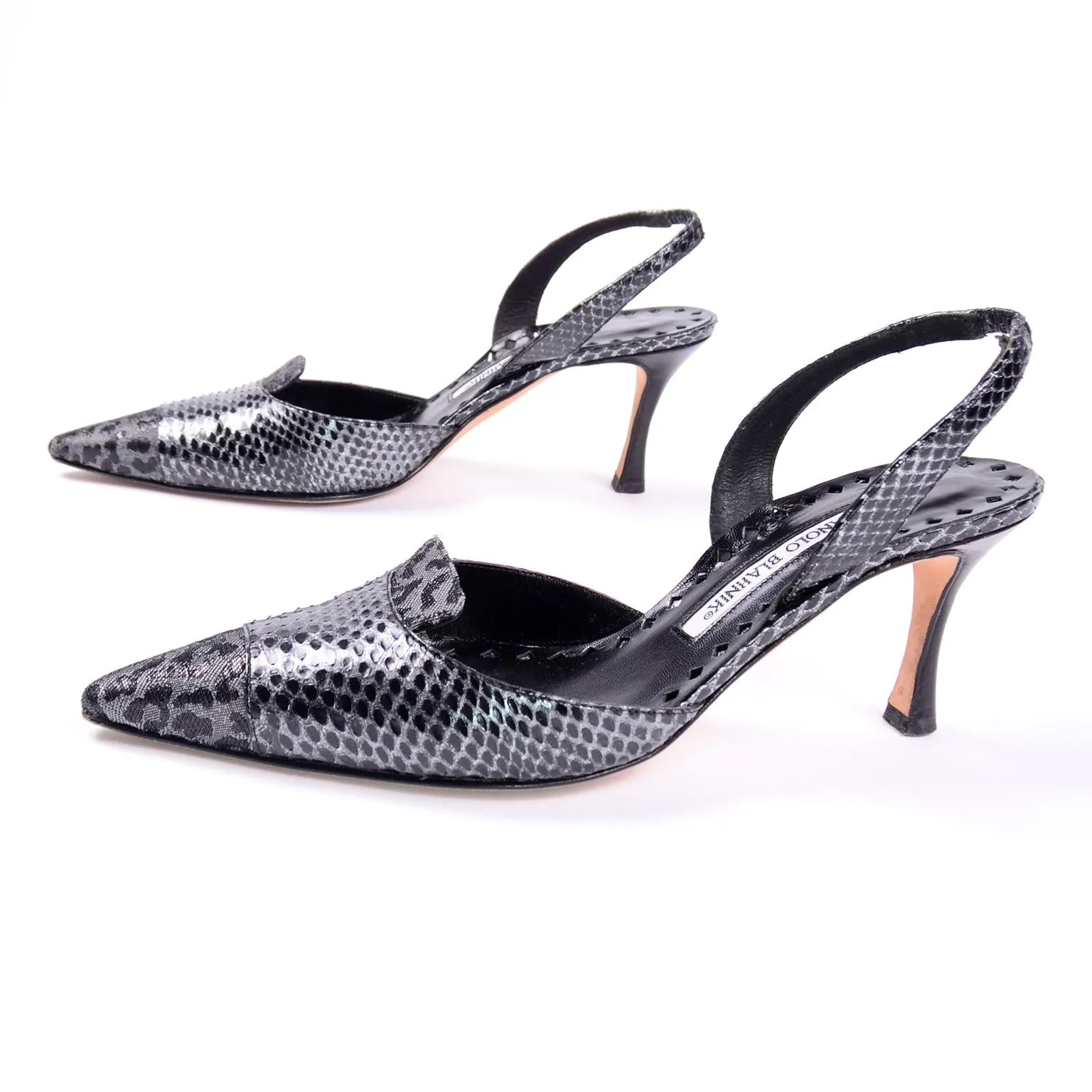 Manolo Blahnik Grey Ploiesti Snakeskin Slingback Heels