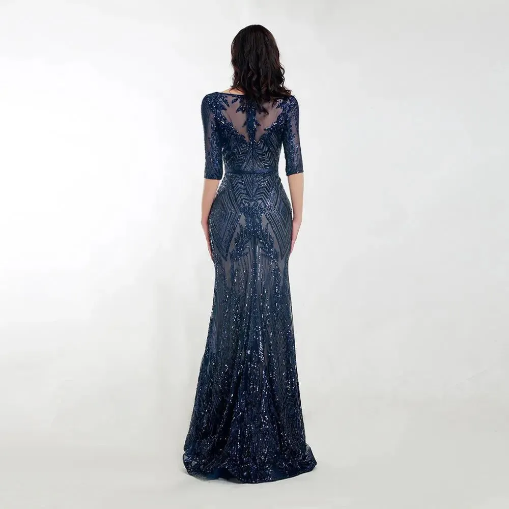 Navy Blue Short Sleeves Sequin Maxi Dress