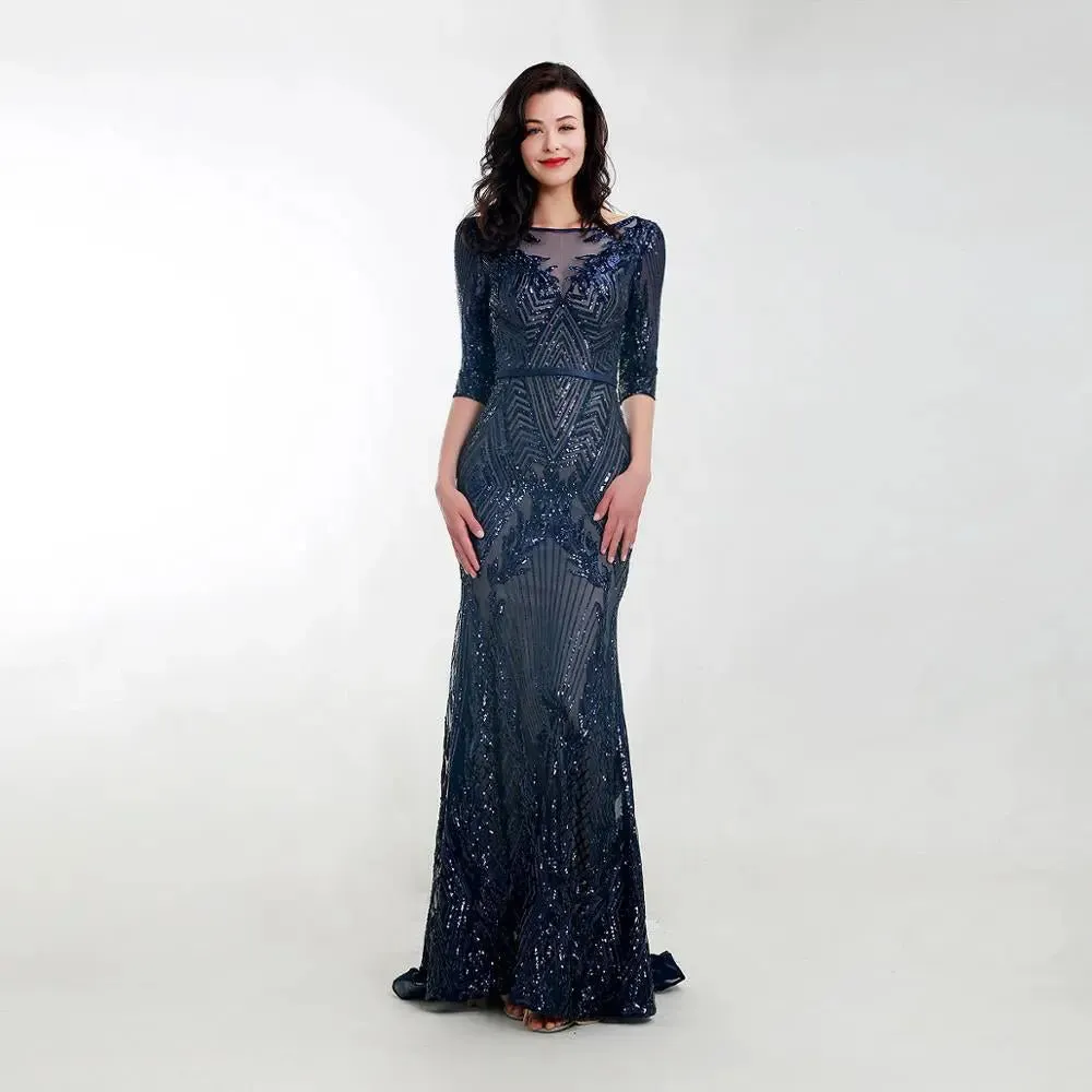 Navy Blue Short Sleeves Sequin Maxi Dress