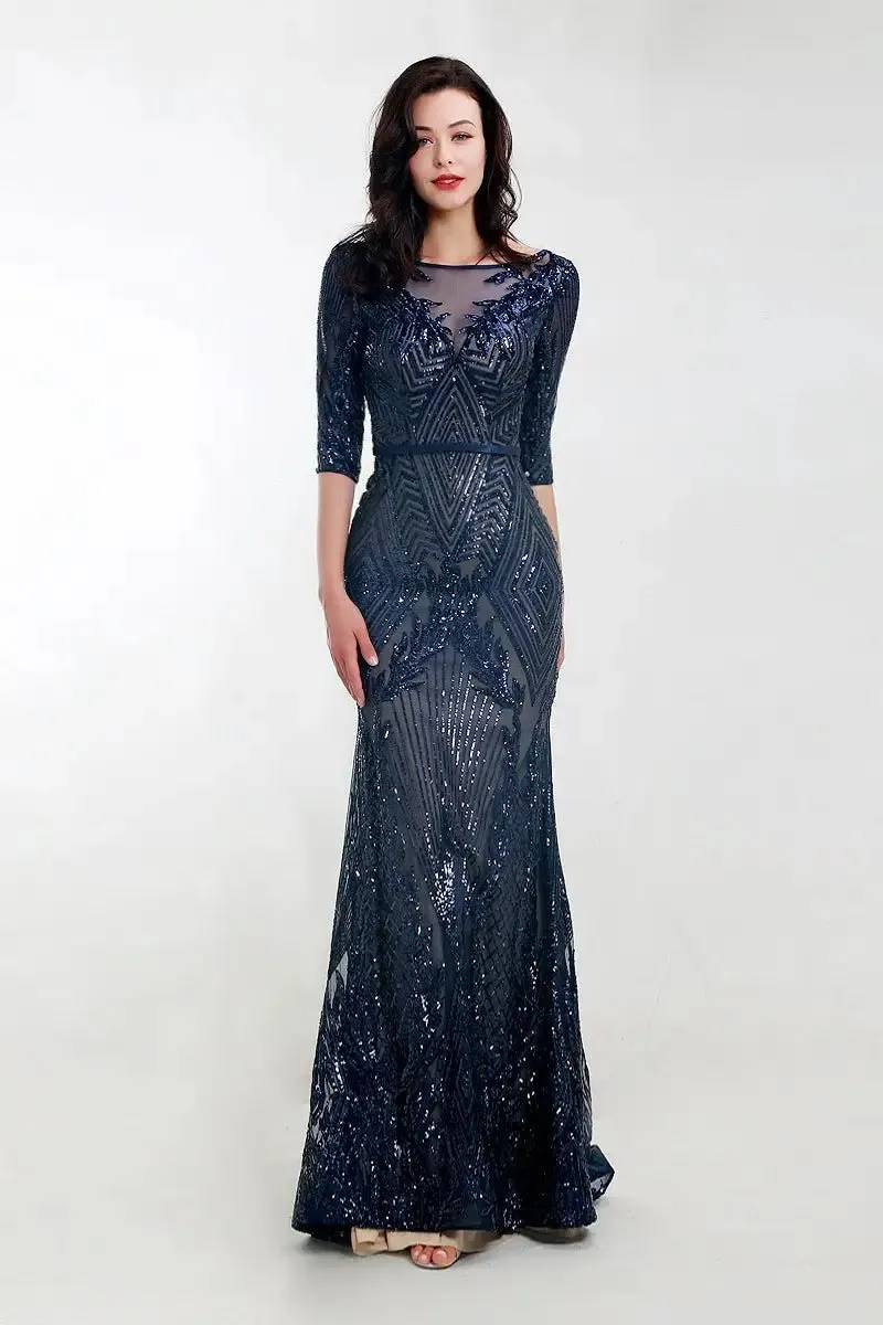 Navy Blue Short Sleeves Sequin Maxi Dress