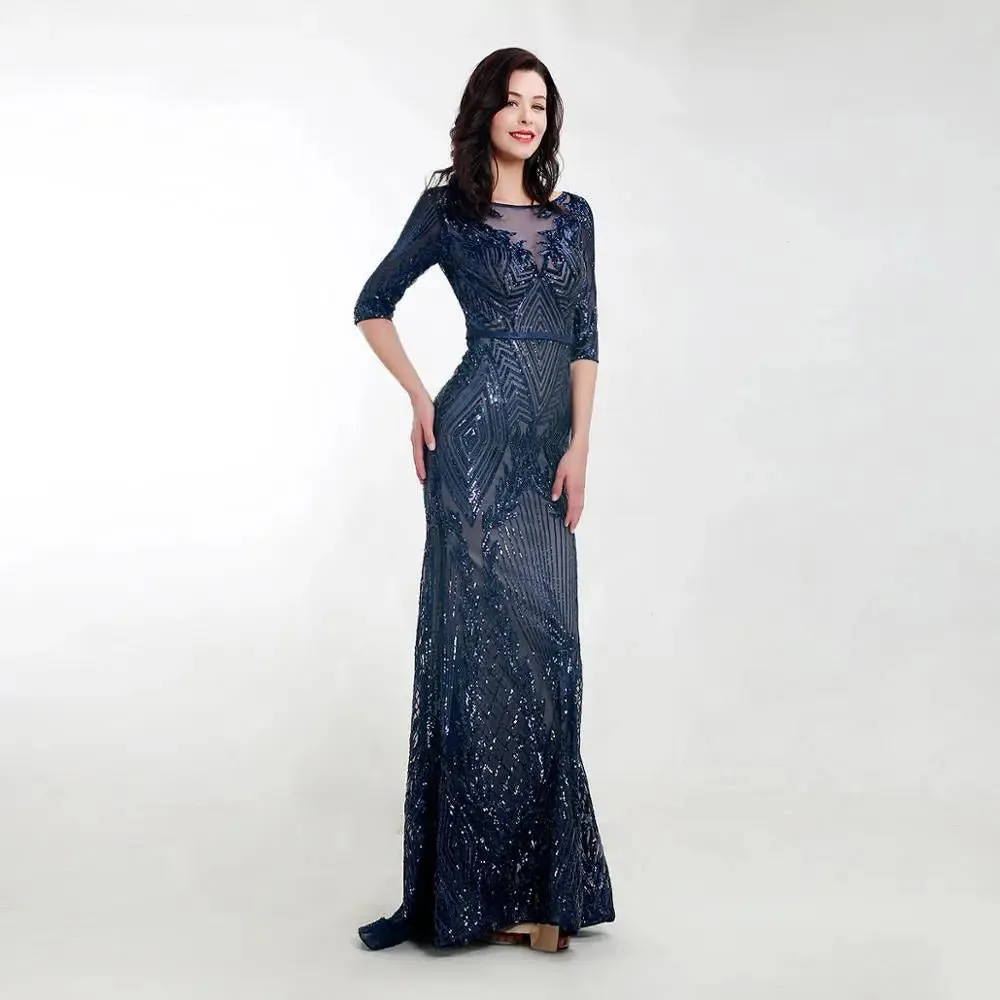 Navy Blue Short Sleeves Sequin Maxi Dress