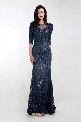 Navy Blue Short Sleeves Sequin Maxi Dress