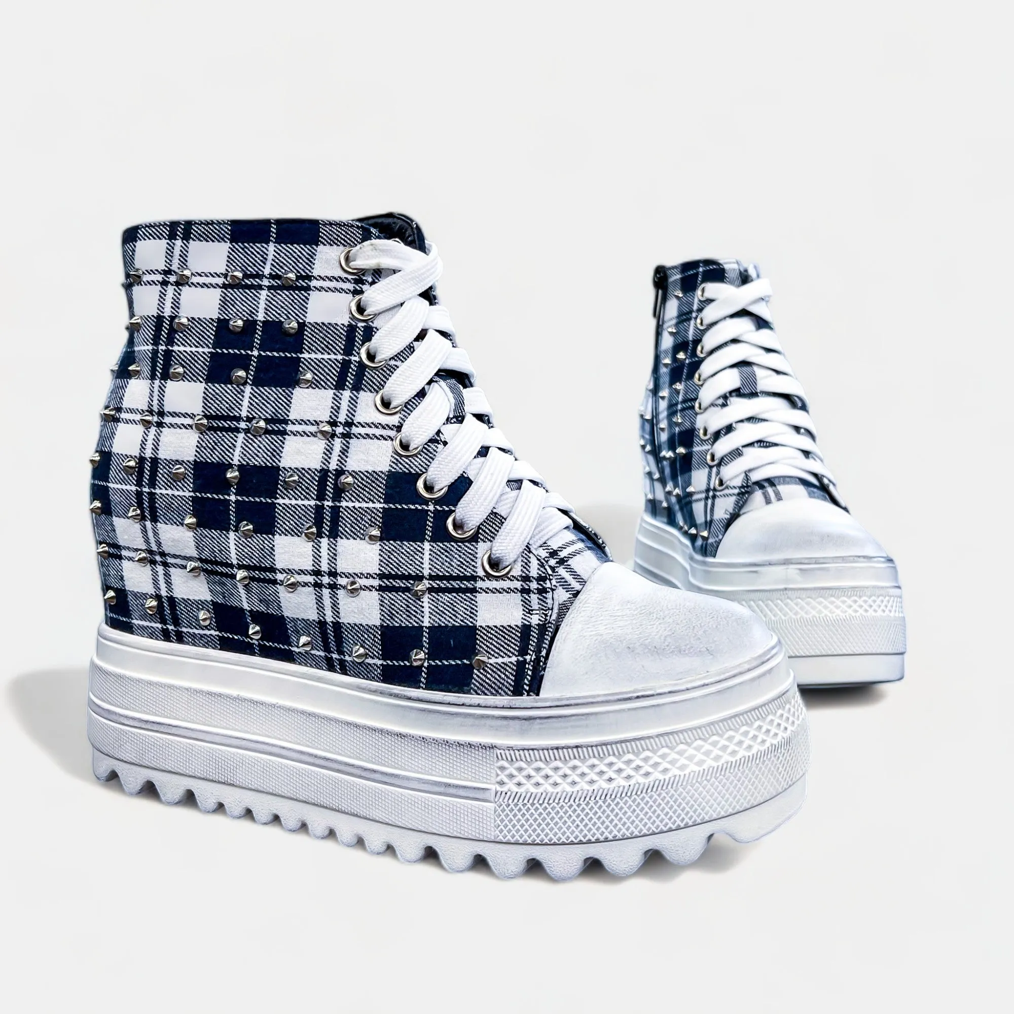 Navy Plaid Platform Wedge Sneakers