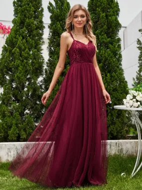 Paillette A-Line Tulle Bridesmaid Dress with Cross-Back Straps