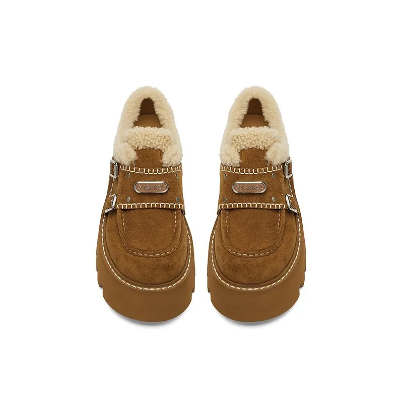 Thick Soled Fluffy Loafers Brown